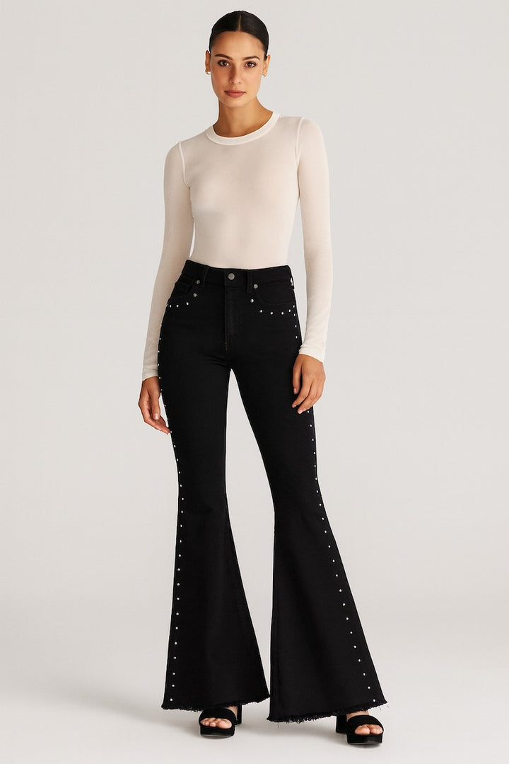 Blac- Long Inseam 34" Black Flare Jeans With Stud Details