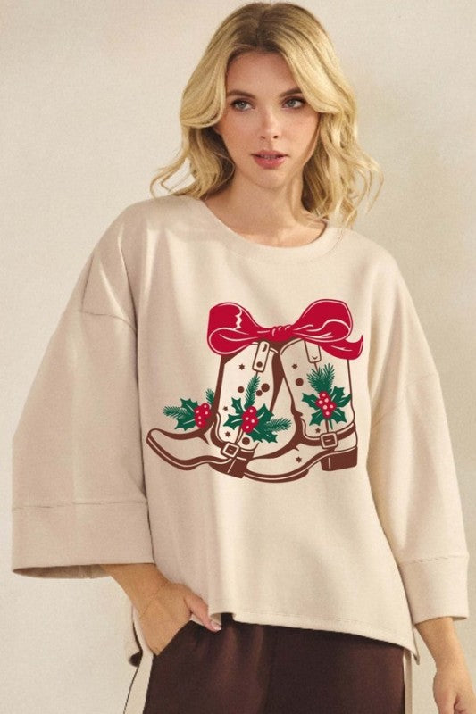 Oatmeal Womens Jingle Boots Ultracomfy Graphic Top 1