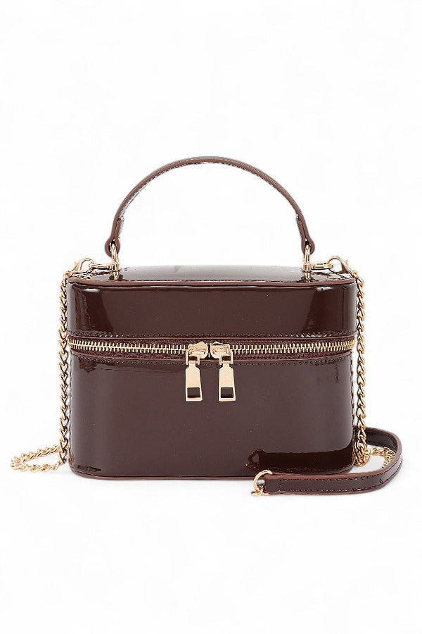 Brown Top Handle Patent Finish Convertible Crossbody Bag