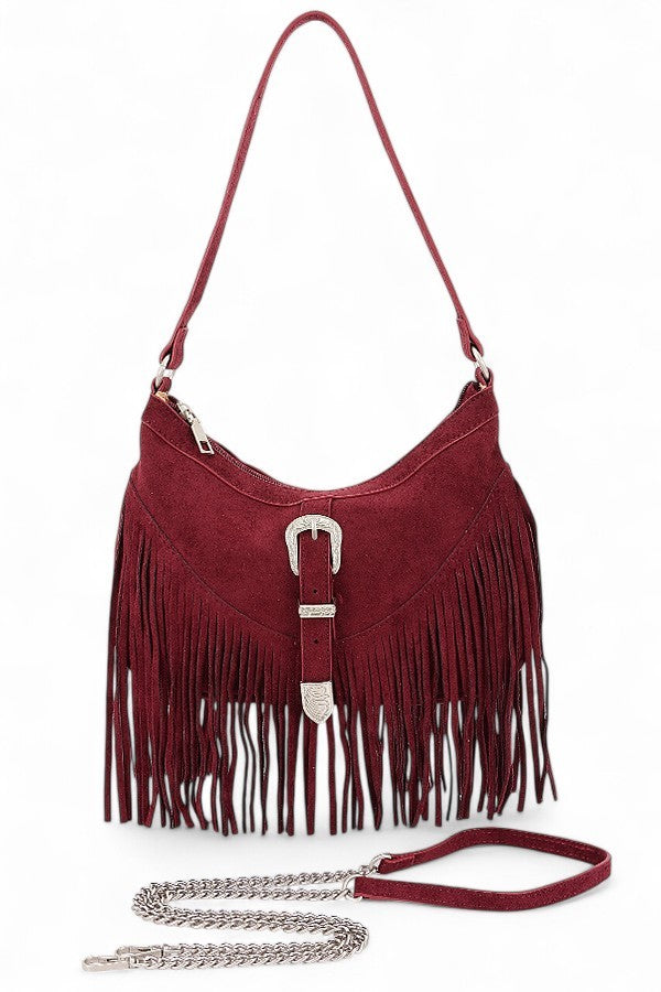 Burgundy Western Buckle Faux Suede Fringe Bag