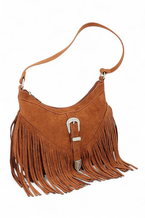 Coffee Western Buckle Faux Suede Fringe Bag