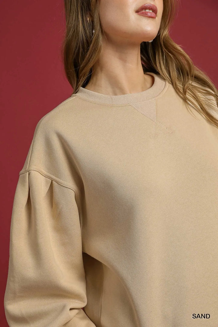 Sand Umgee Round Neck Sweatshirt With Pleated Detail 2