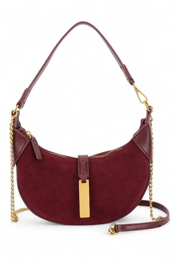 Coffee Half Moon Faux Suede Shoulder Bag