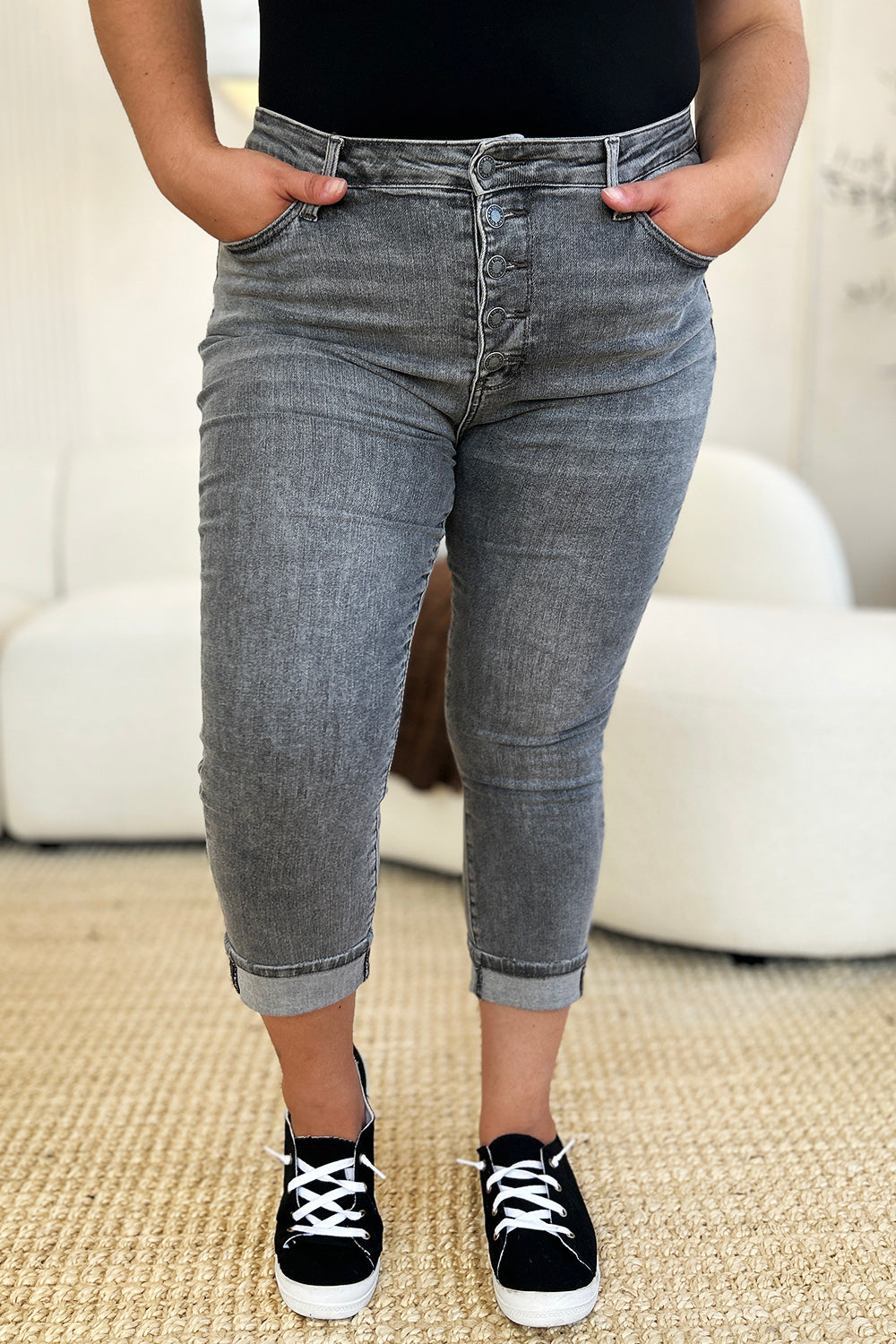 GRAY Judy Blue Full Size Button Fly High Waist Cuffed Capris