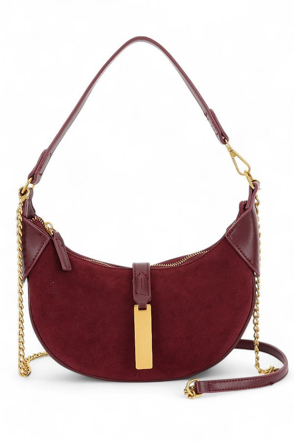 Coffee Half Moon Faux Suede Shoulder Bag 1