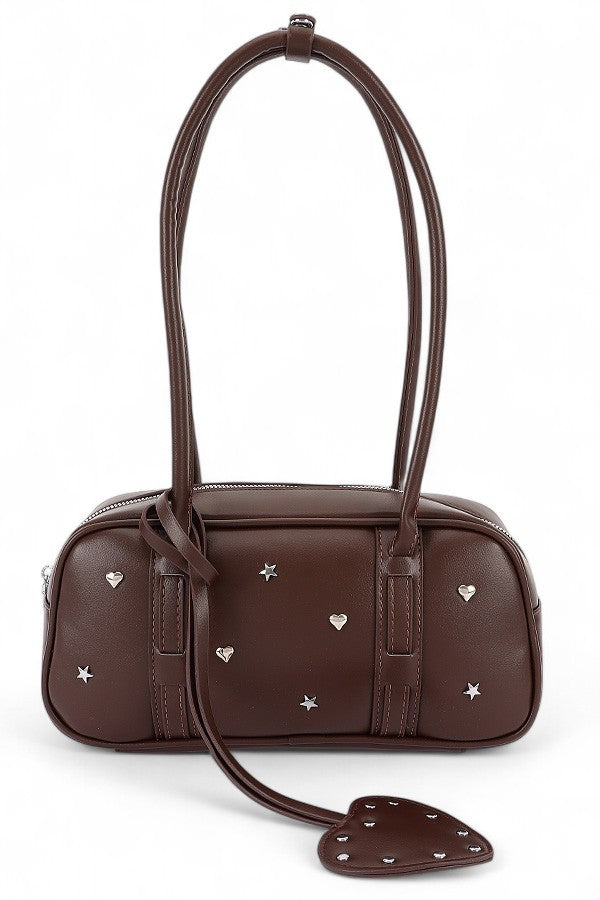Brown Top Handle Star And Heart Studded Boxy Bag
