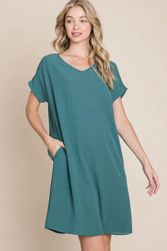 Teal Bombom V Neck Short Sleeve Dress With Pockets 2