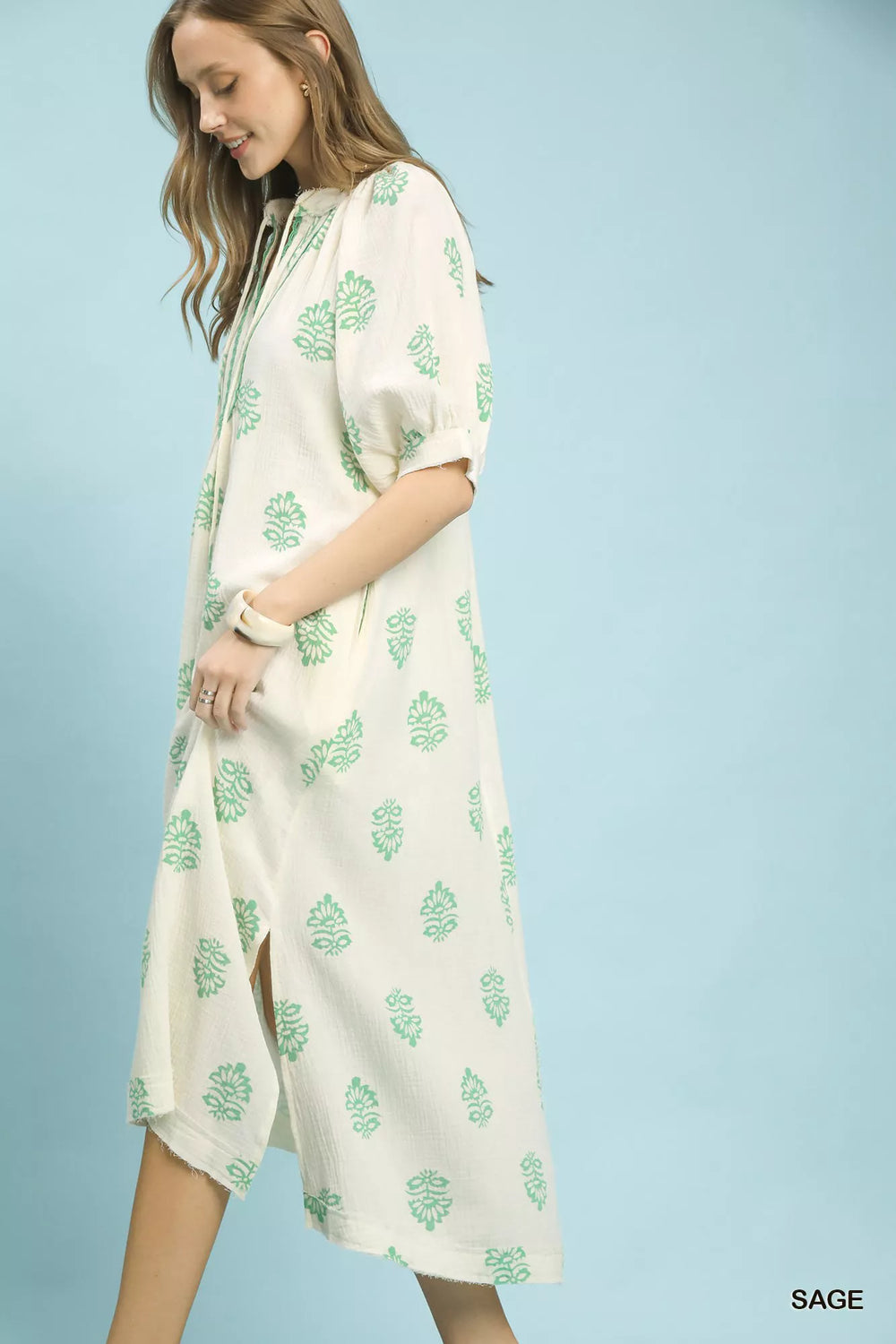 Sage Umgee Printed Cotton Gauze Midi Dress