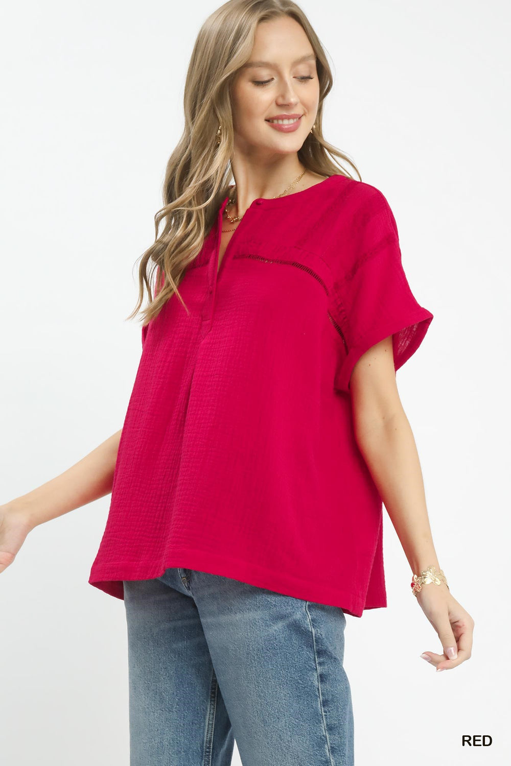Red Umgee Textured Gauze Split Neck Boho Blouse