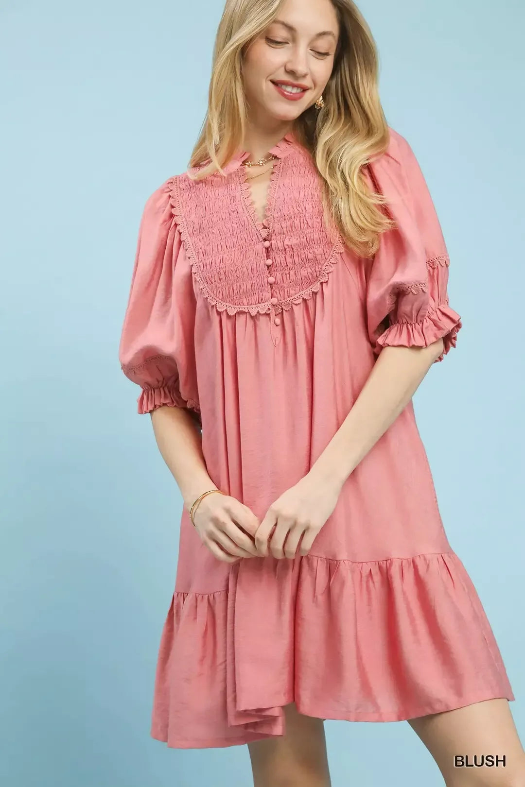 Blush Umgee Smocked Bib Ruffle Hem Babydoll Dress