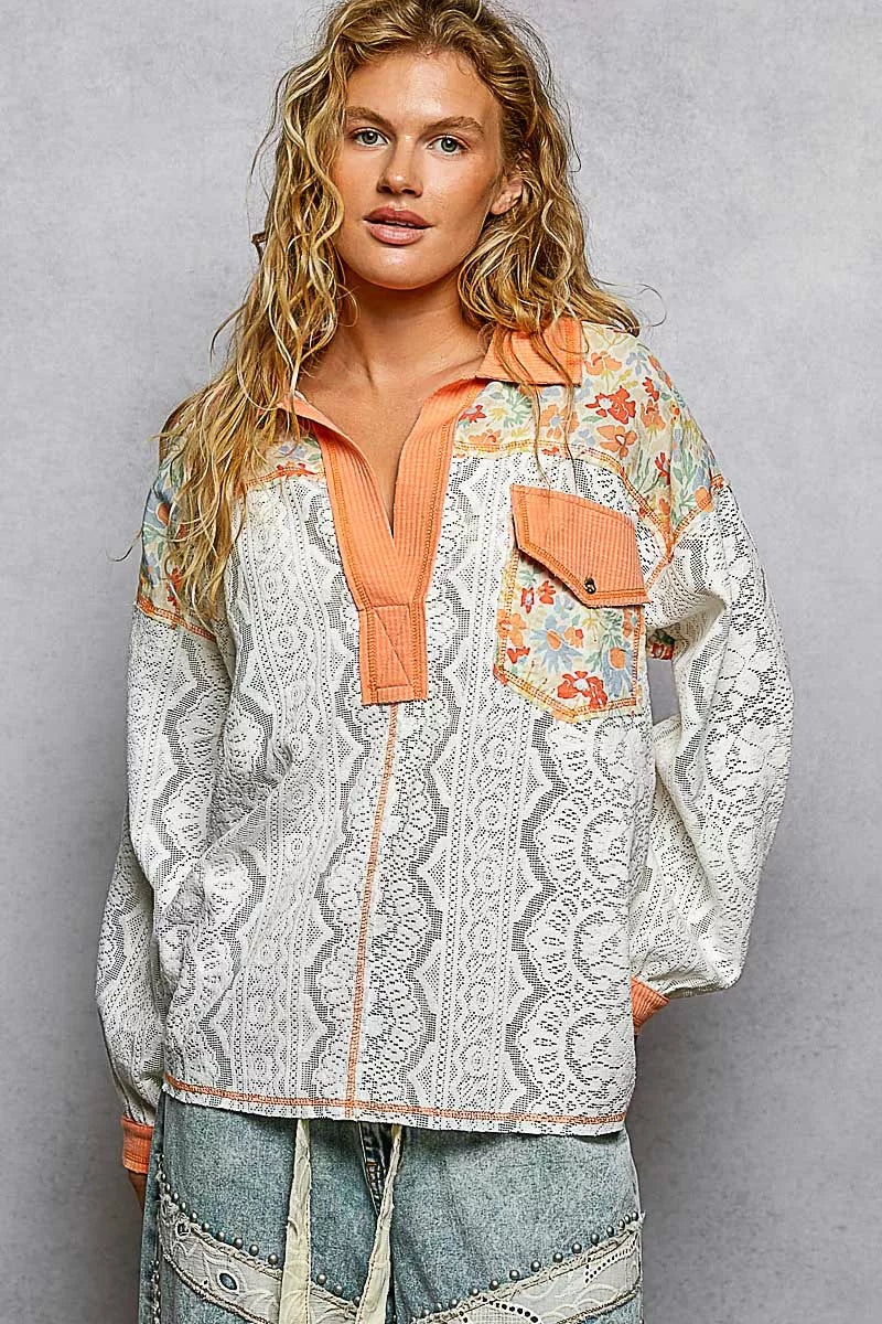 Coral Orange Pol Floral Print Long Sleeve Lace Shirt With Front Pocket 1