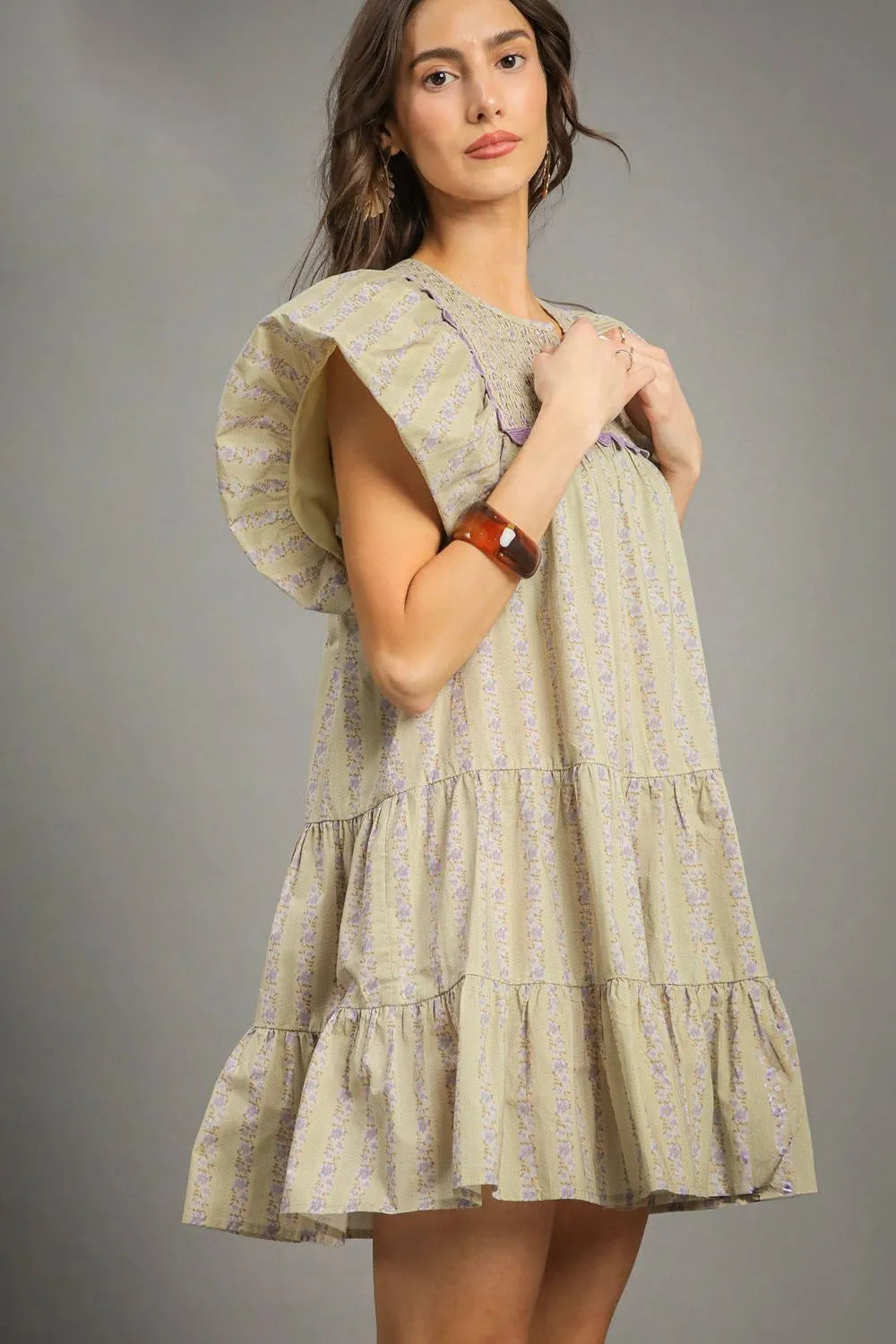 Sage Umgee Floral Ruffled Cap Sleeve Tiered Mini Dress