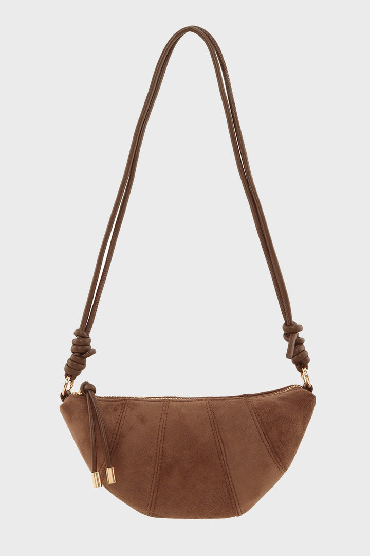 Stitched Faux Suede Half Moon Crossbody Bag