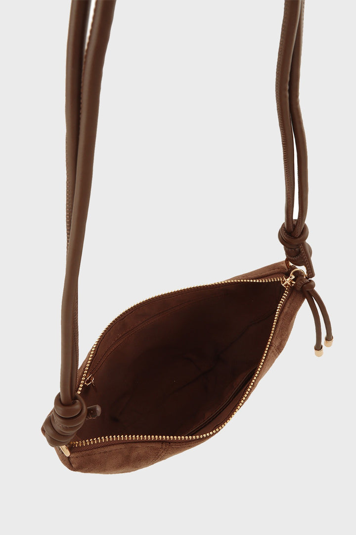 Stitched Faux Suede Half Moon Crossbody Bag