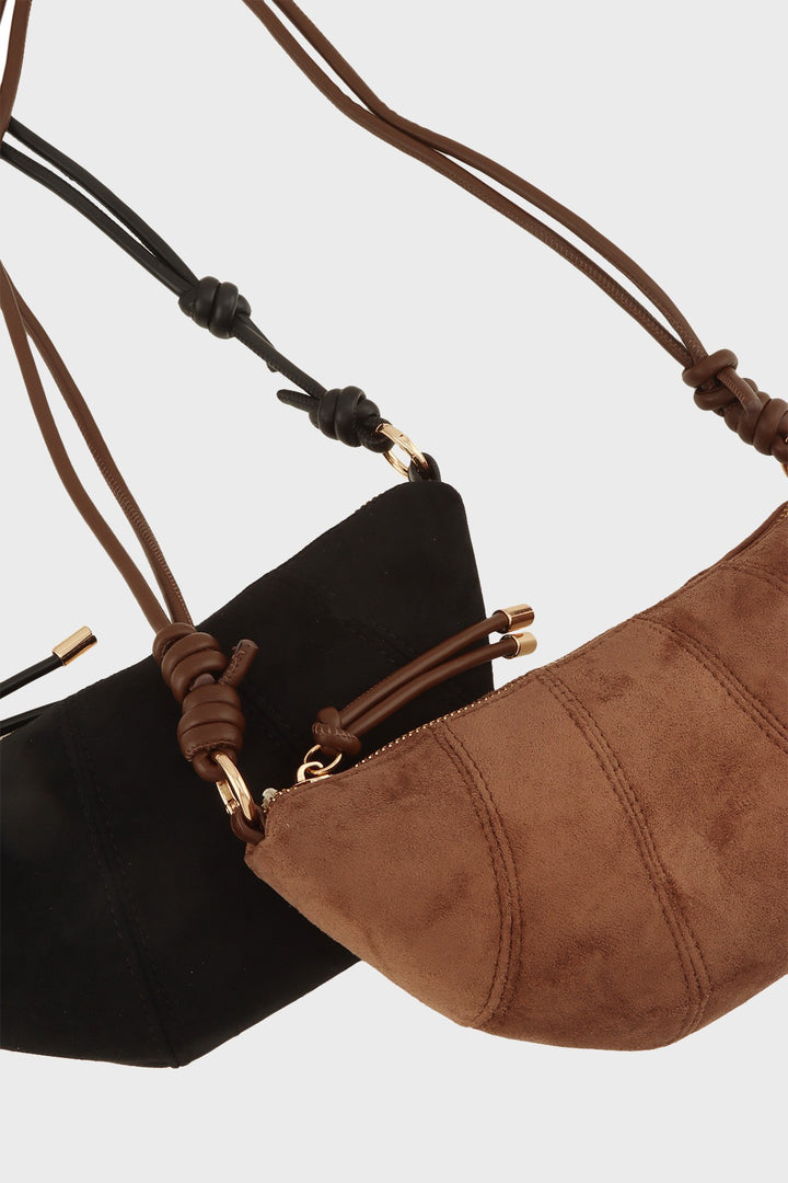 Black Stitched Faux Suede Half Moon Crossbody Bag