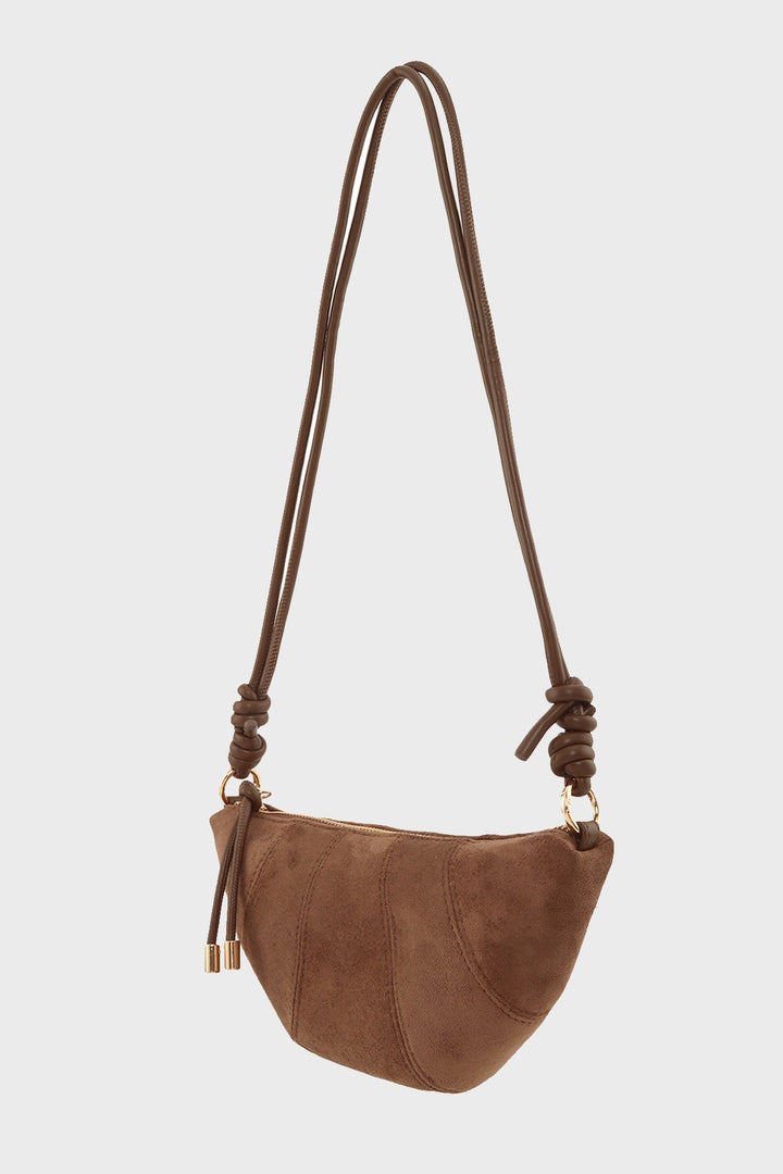 Stitched Faux Suede Half Moon Crossbody Bag