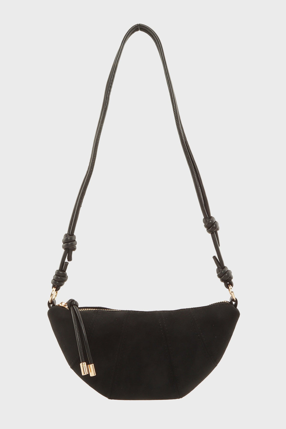Stitched Faux Suede Half Moon Crossbody Bag