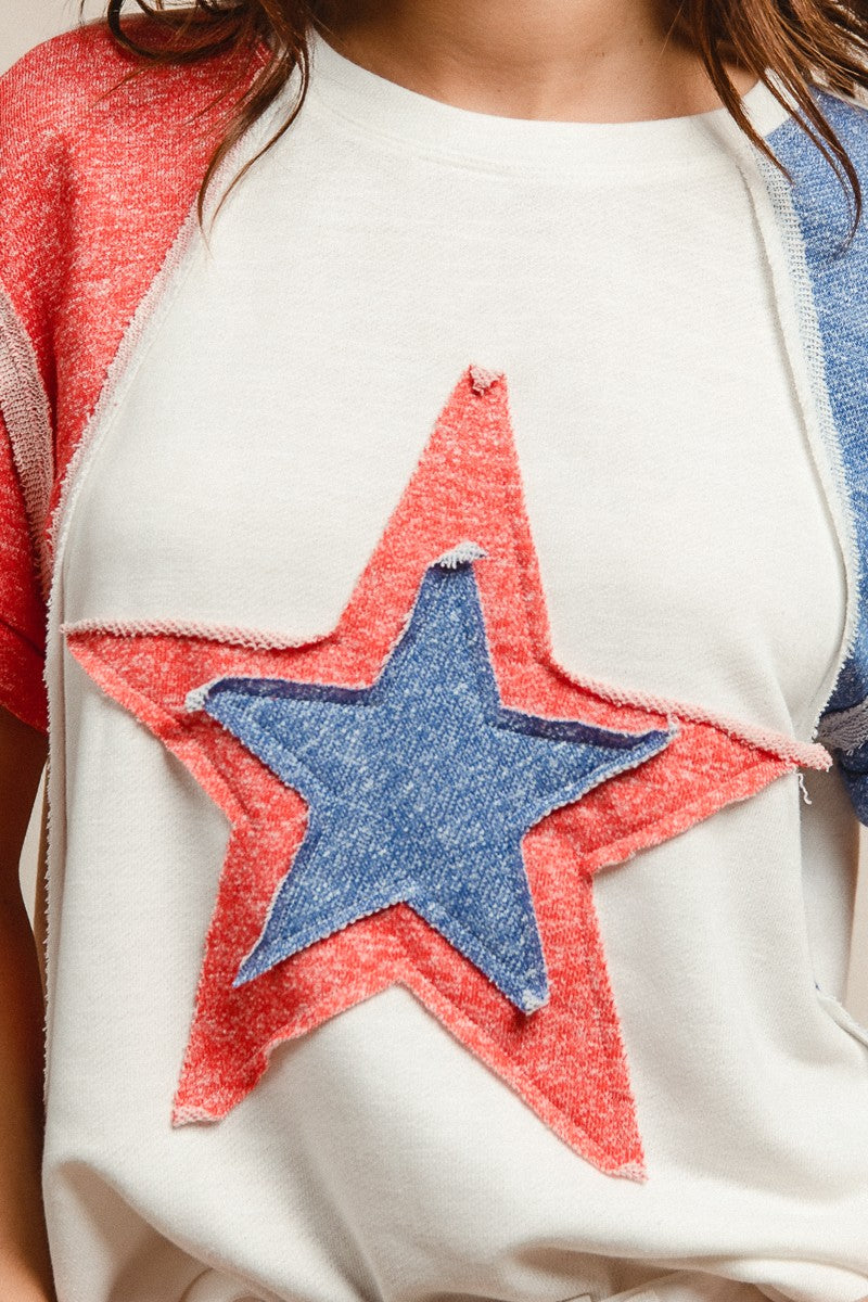 White/Red/Navy Bibi Contrast French Terry Cut Edge Detail Fourth Of July Theme T Shirt