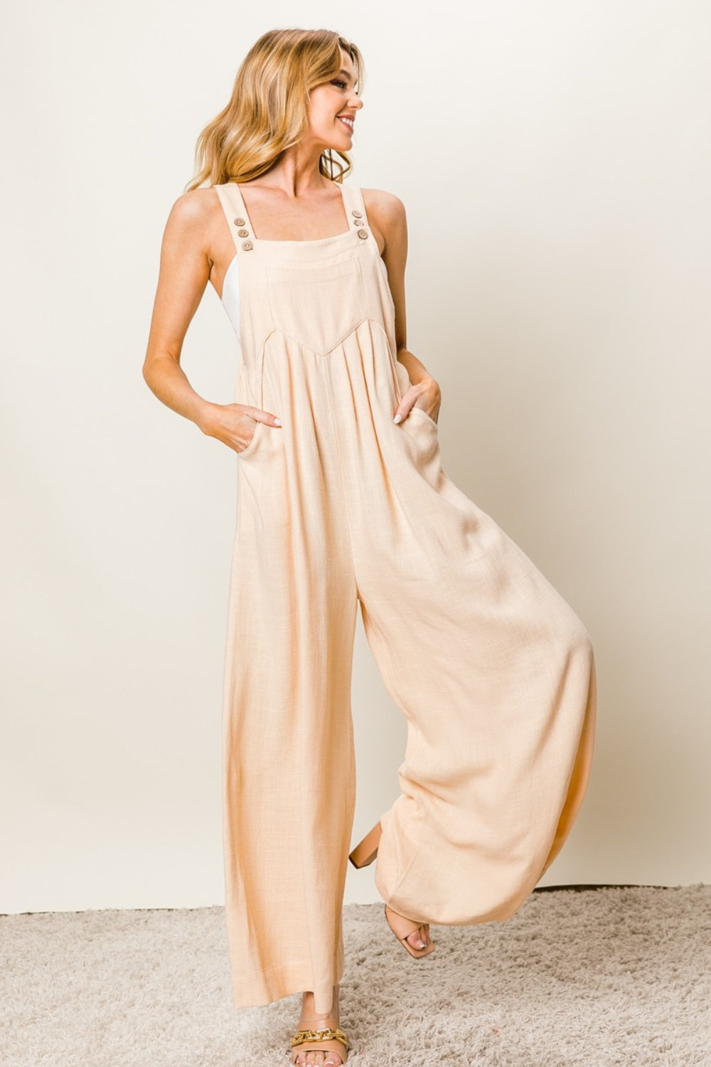 Oatmeal Bibi Texture Sleeveless Wide Leg Jumpsuit