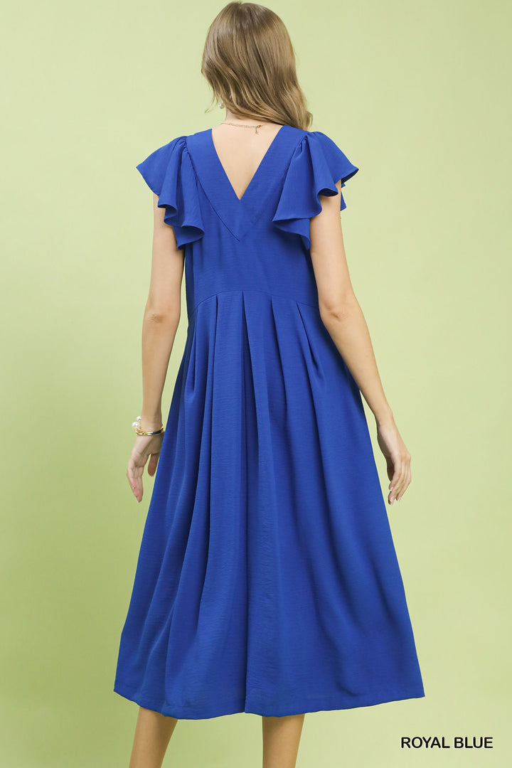 Royal Blue Umgee Ruffle Sleeve V Neck Midi Dress