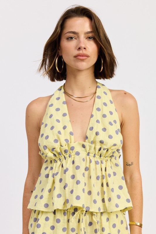 Butter Yellow Polka Tie Back Halter Top With Ruffle Detail
