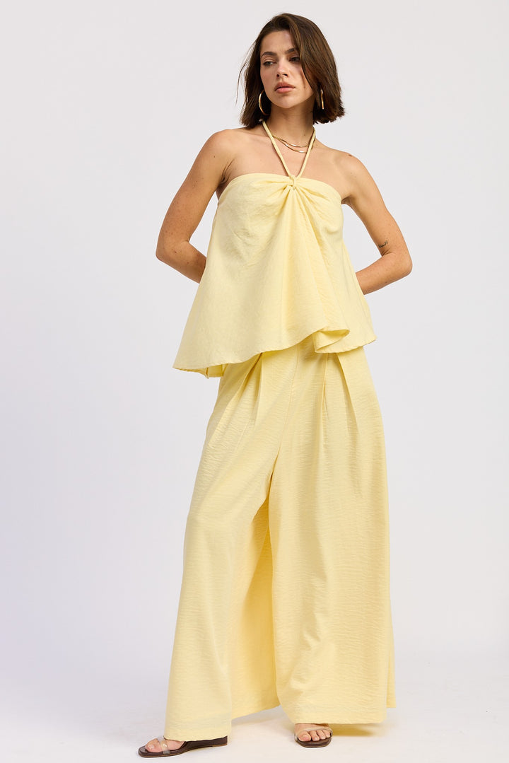 Blue Linen Wide Leg Pants With Elastic Waist