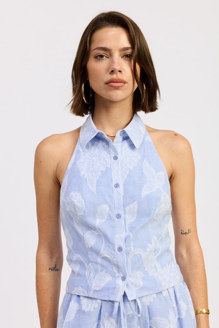 Blue Stripe Jacquard Button Down Collared Halter Top
