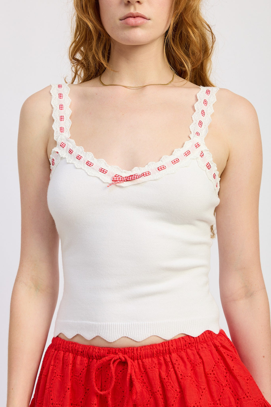 Off White Crochet Strap Scalloped Tank Top