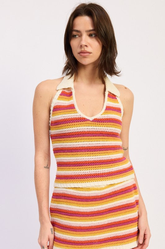 Orange Combo Crochet Halter Top With Open Back