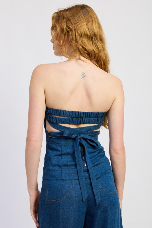 Denim Tube Top With Tie Back