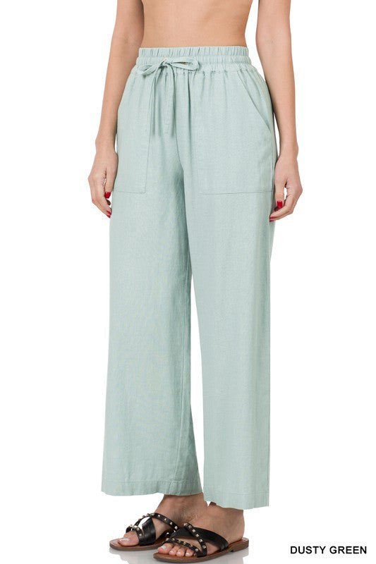 Ash Mocha Linen Drawstring Waist Pants With Pockets