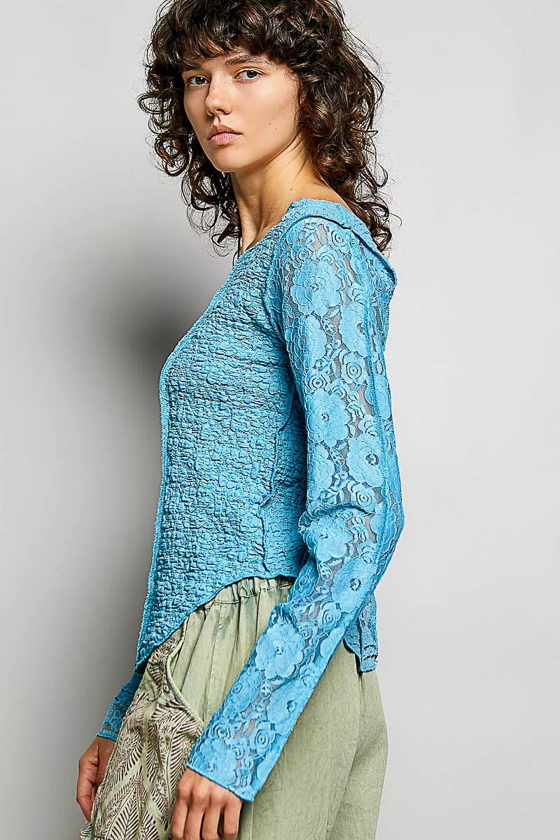 Teal Blue Pol Round Neck Long Sleeve Exposed Seam Top With Lace Detail 2