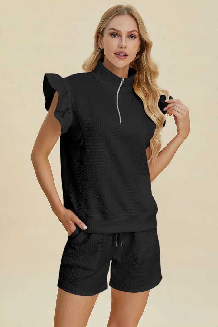 White Double Take Full Size Texture Flounce Sleeve Top And Shorts Set