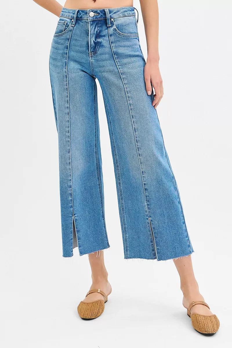 Medium Risen Tummy Control Mid Rise Crop Wide Front Slit Jeans
