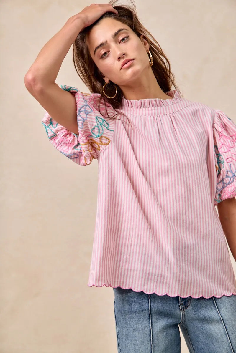 Bibi Embroidery Bubble Sleeve Top With Bottom Scallop Detail