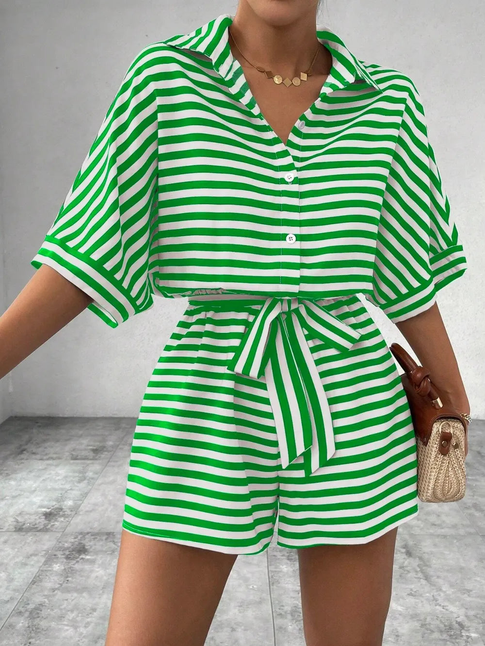 Green Tie Waist Half Button Striped Romper