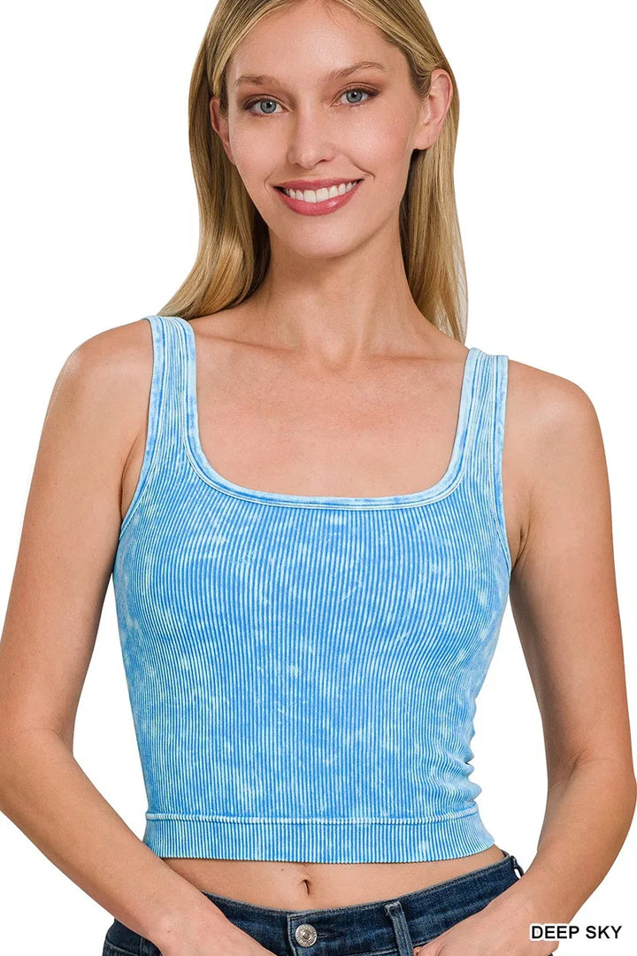 Deep Sky Zenana 2 Way Neckline Washed Ribbed Seamless Tank Top