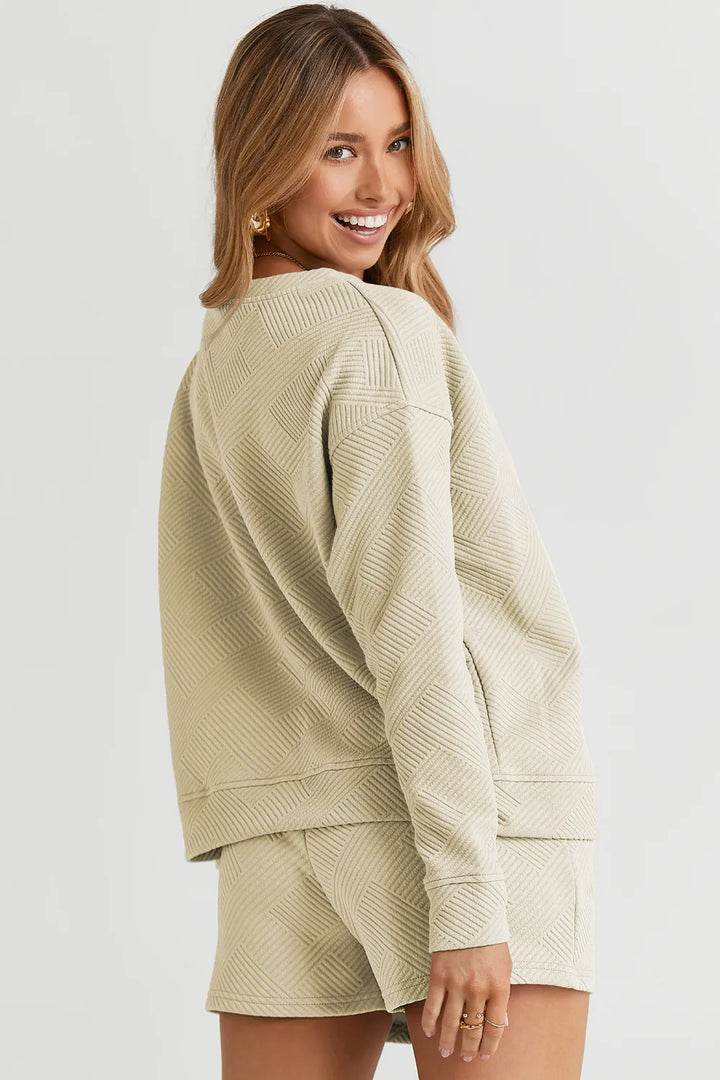 Double Take Full Size Texture Long Sleeve Top And Drawstring Shorts Set