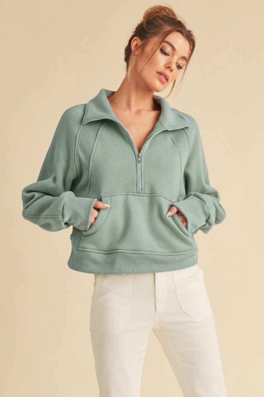Pale Blue Aemi Co Half Zip Raglan Sleeve Sweatshirt With Kangaroo Pocket 3