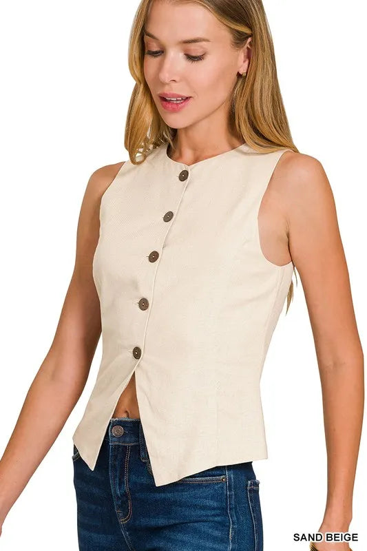 Sand Beige Zenana Linen Button Down Vest 1