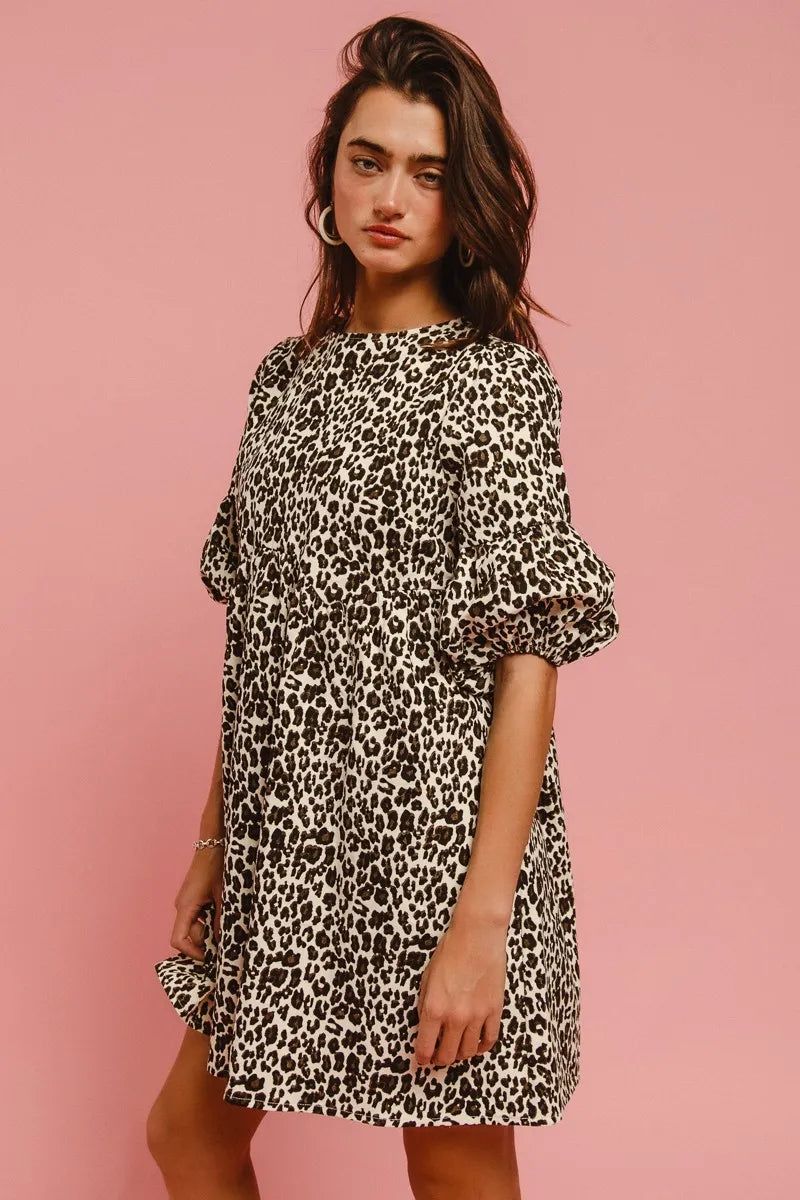 Off White Leopard Bibi Leopard Denim Dress With Back Contrast Tie Detail