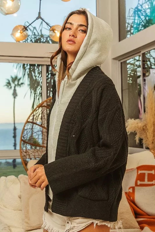 Black/Grey Bibi Knit Hoodie Rhombus Sweater Jacket