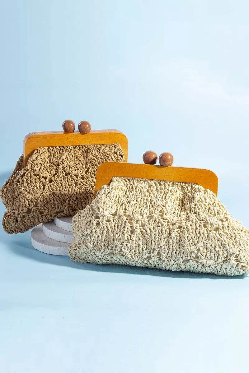 Fame Straw Braided Wooden Frame Clutch Bag