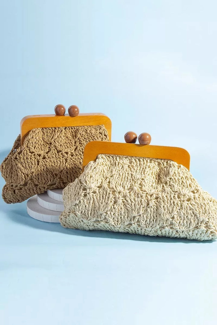 Fame Straw Braided Wooden Frame Clutch Bag