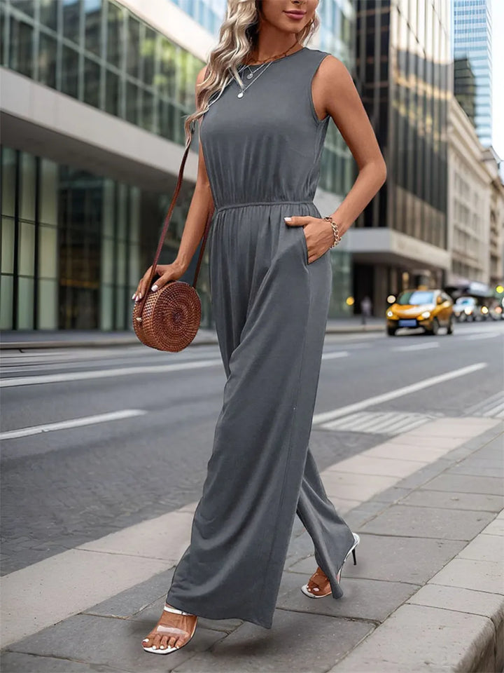 Dark Gray Perfee Round Neck Wide Leg Jumpsuit