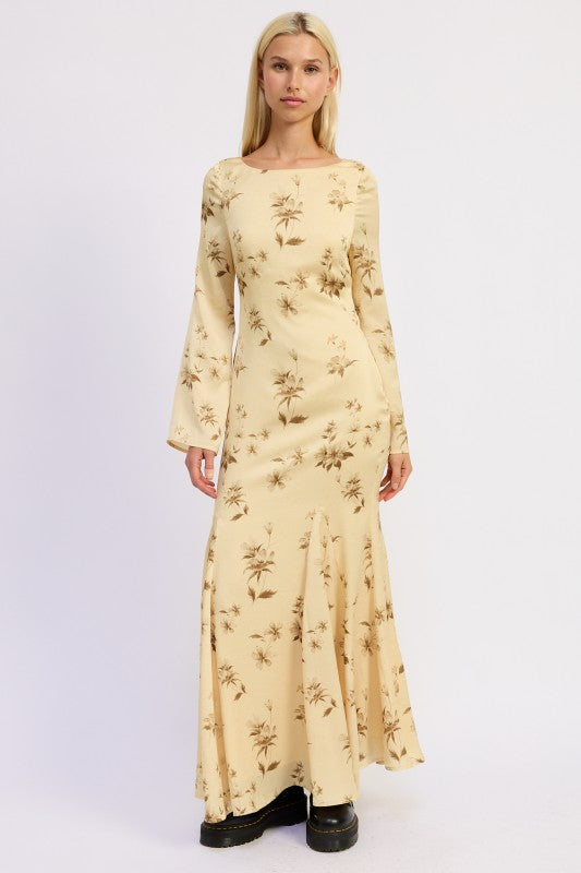 Butter Yellow Print Printed Maxi Long Sleeve Dress