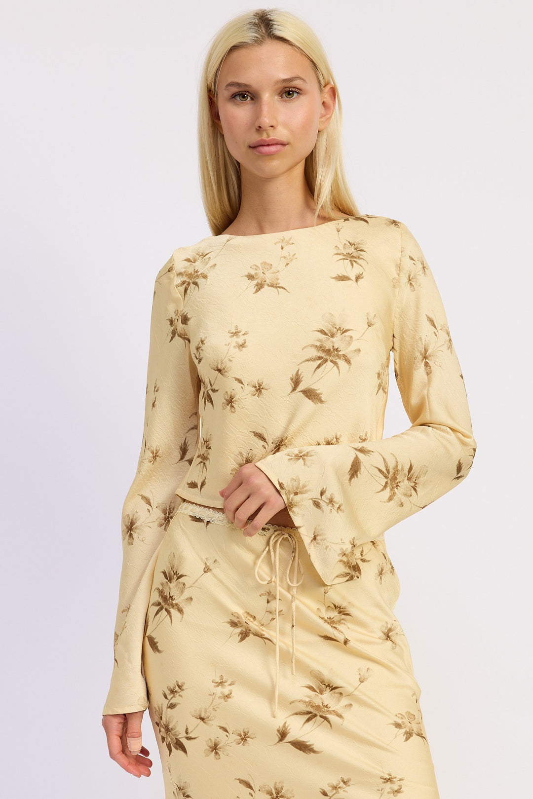 Butter Yellow Print Cowl Neck Long Sleeve Blouse