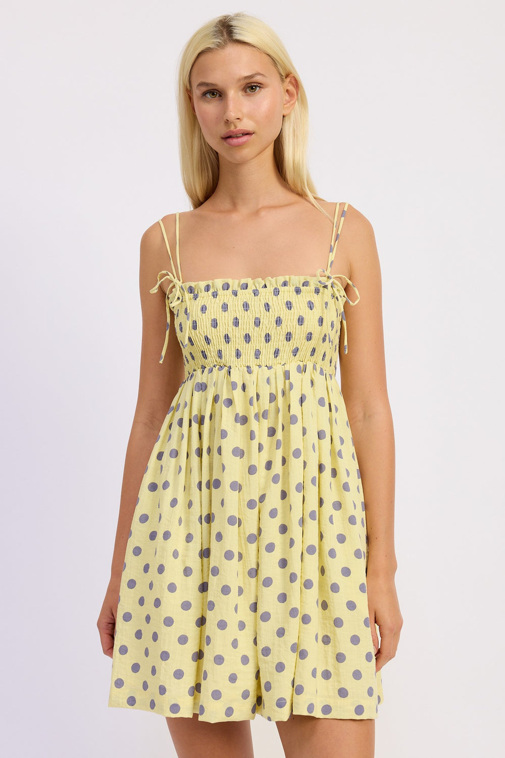 Butter Yellow Polka Smocked Top Babydoll Dress