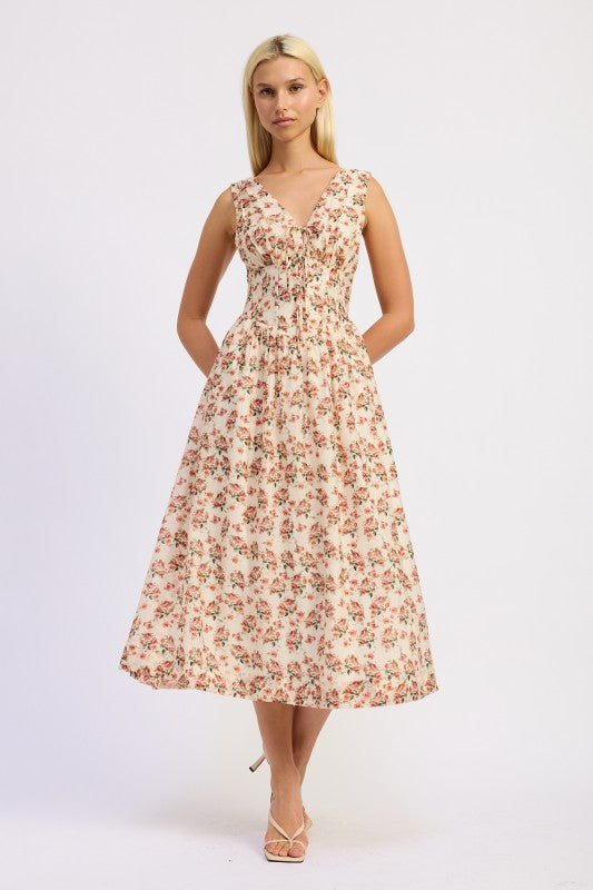 Ivory Floral V Neck Corset Midi Dress