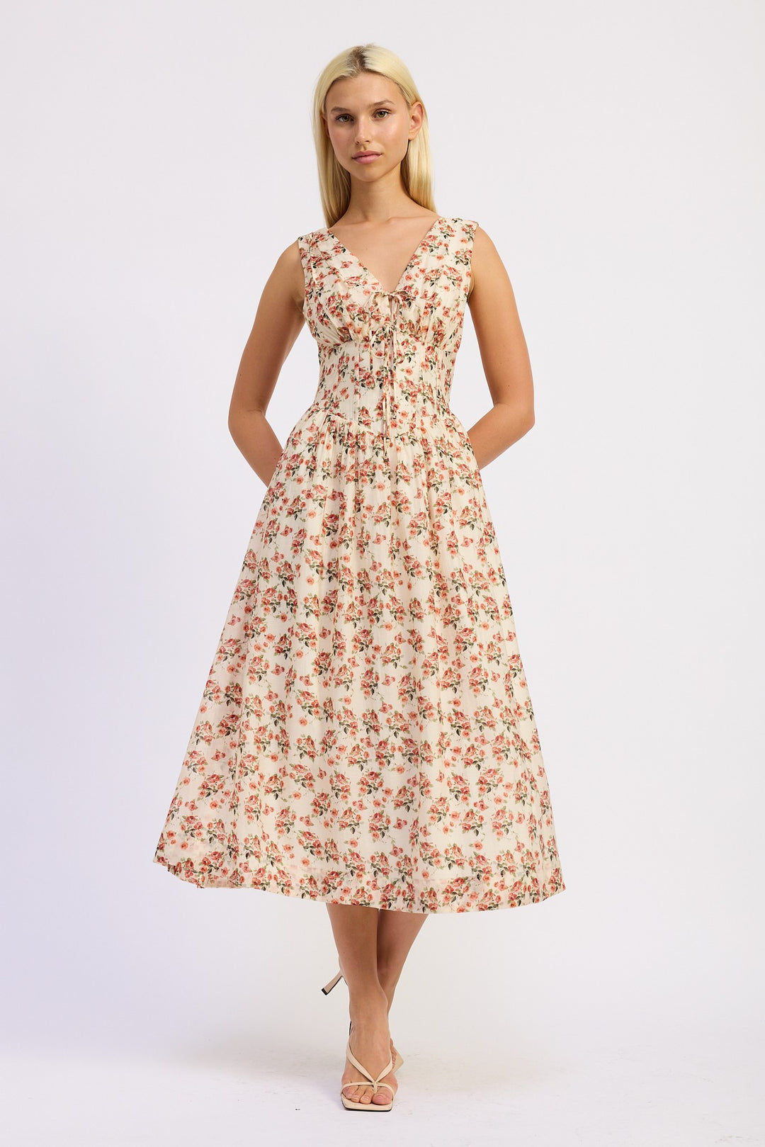 Ivory Floral V Neck Corset Midi Dress